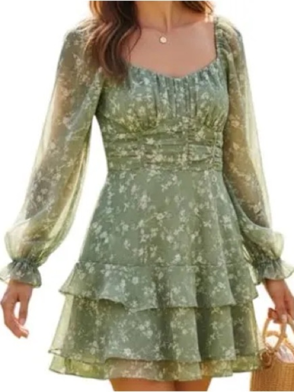 Sage Green Floral Sheer Long Sleeve Mini Dress – Size S
